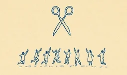 drawing of people jumping up reaching for a giant pair of scissors
