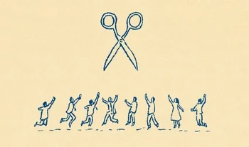 drawing of people jumping up reaching for a giant pair of scissors
