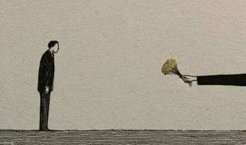 a trader being offered a golden bunch of flowers 