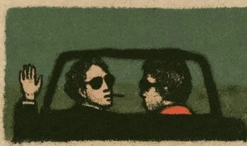 Two men in a car. One is smoking and waving goodbye