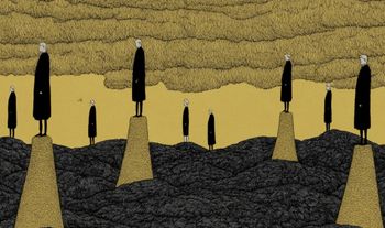 some people standing on gold pillars in a black sea 