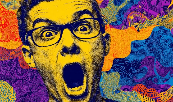 an excited man in glasses 