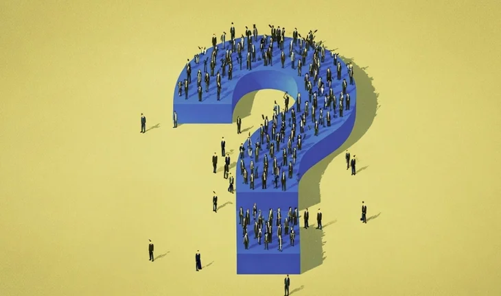 bankers on a blue question mark