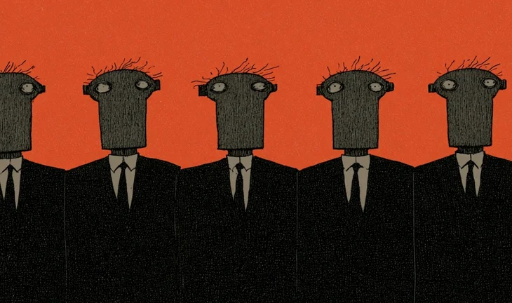 scruffy robots in a row, wearing suits 