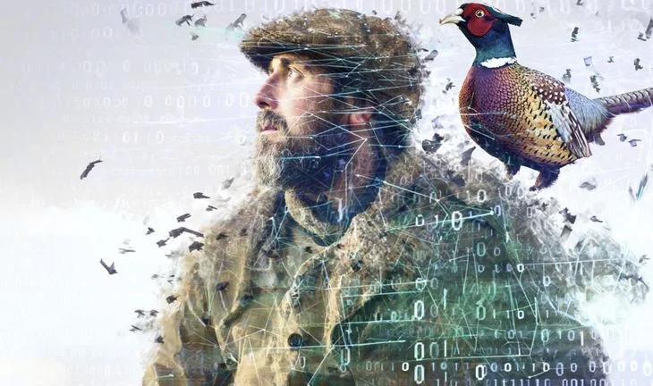 a poacher with a pheasant and some binary code