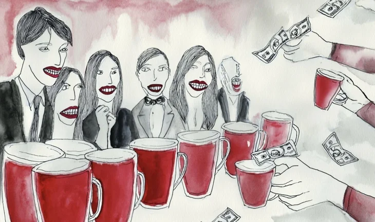 students with red cups looking at hands offering money