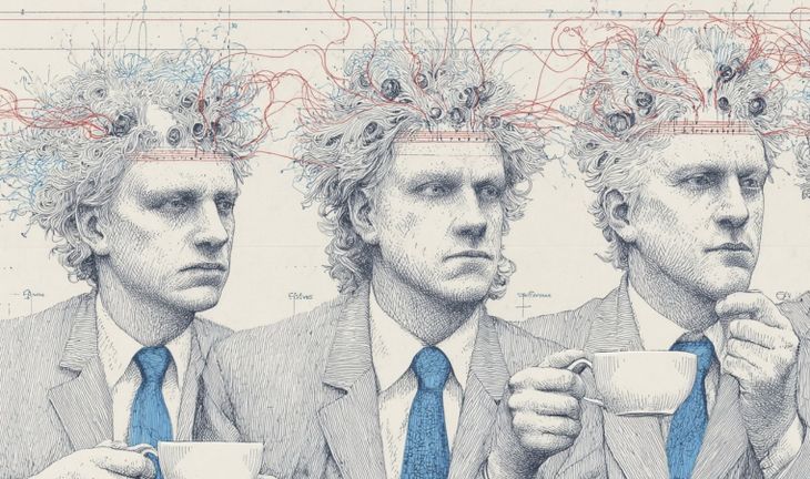 bankers with wild hair holding coffee
