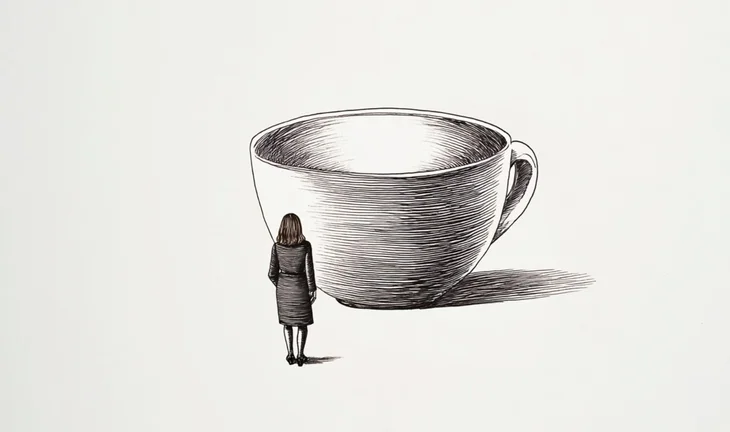 a small woman looking at a coffee cup 
