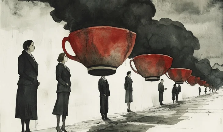 a row of women standing by smoking coffee cups