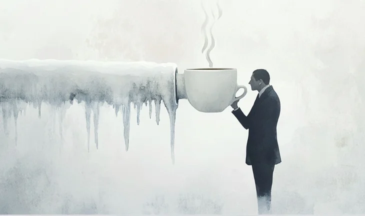 a cup emerging from a frozen pipe