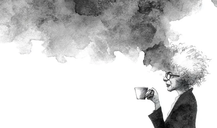 woman holding coffee with a cloud coming from her head