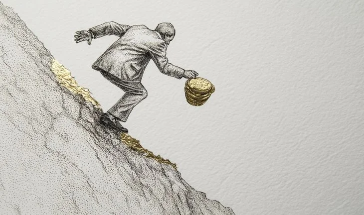 slipping down a slope with a pot of gold