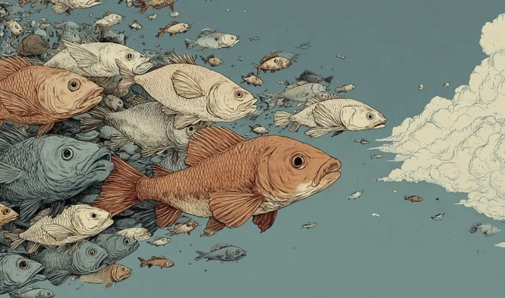 some fish swimming in the sky, a cloud