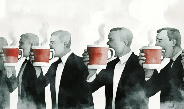 a row of bankers drinking coffee from red cups