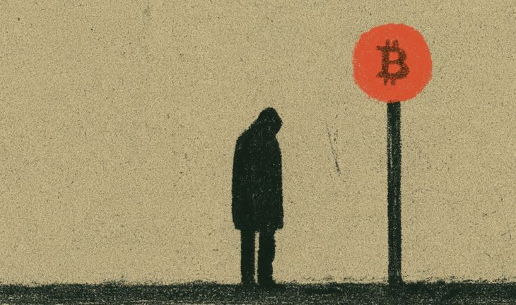 a man standing by a bus stop with a bitcoin sign 