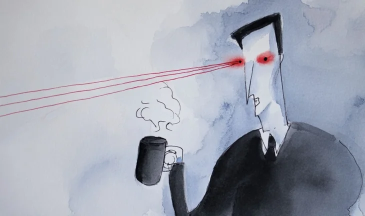 banker holding coffee firing lasers from eyes