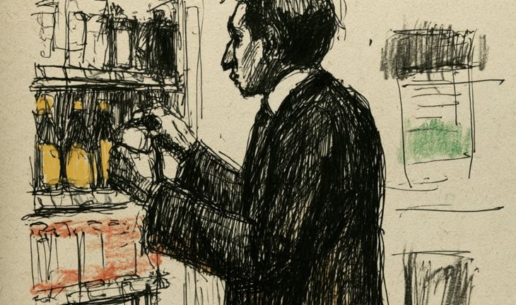a young man in a suit stacking shelves 